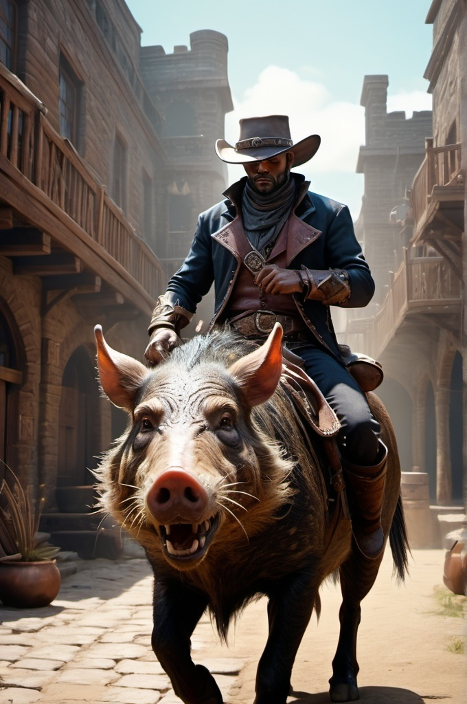 Prompt: khajiit cowboy in wild west riding wild boar in courtyard fantasy, whimsical, gothic.mythical UHD, 4k,intricately detailed, deep colors, high contrast (UHD, 4k,intricately detailed, deep colors, high contrast)