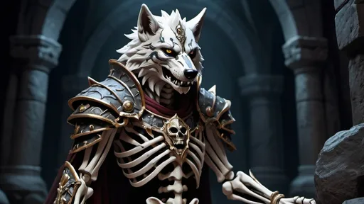 Prompt: skeleton wolf anthro male king, warrior, elegant armor in dark tomb, moonlit, dungeons and dragons art style (UHD, 4k,intricately detailed, deep colors, high contrast)