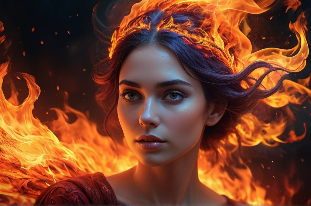 Prompt: If fire was a person art mystical and whimsical (UHD, 4k,intricately detailed, deep colors, high contrast)