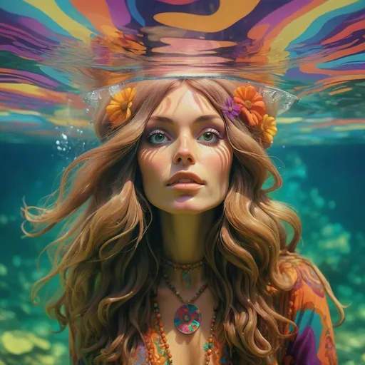 Prompt: Psychedelic 70's woman hippie under water