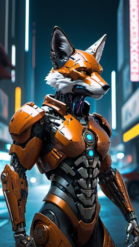 Prompt: Cyborg, fox, anthro, metalic, in cyberpunk city .UHD, 4k,intricately detailed, deep colors, high contrast (UHD, 4k,intricately detailed, deep colors, high contrast)