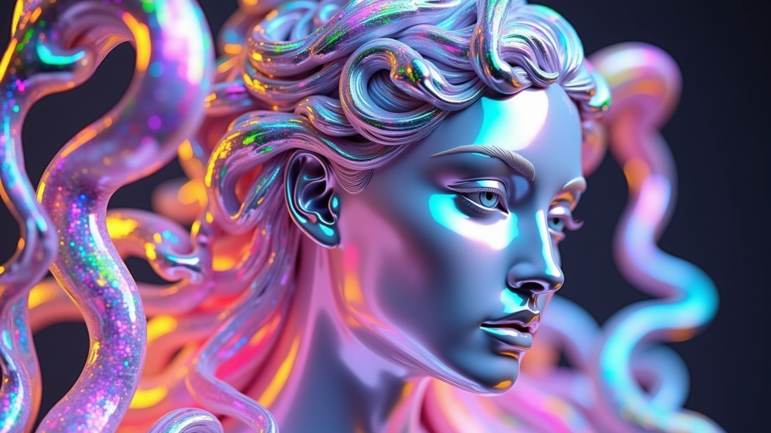 Prompt: Rainbow, pastel, chrome, greek, statue, (medusa) woman with snakes for hair, sparkling glow