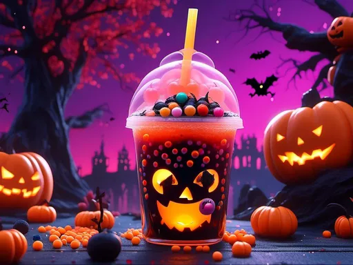 Prompt: <mymodel> Halloween bubble tea (UHD, 4k,intricately detailed, deep colors, high contrast)