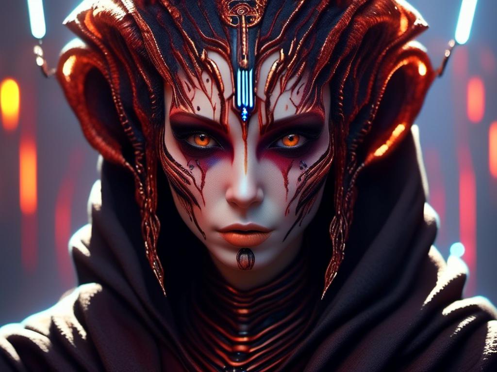 Prompt: <mymodel>ursela as a Sith Lord with light saber UHD, 4k,intricately detailed, deep colors, high contrast (UHD, 4k,intricately detailed, deep colors, high contrast)