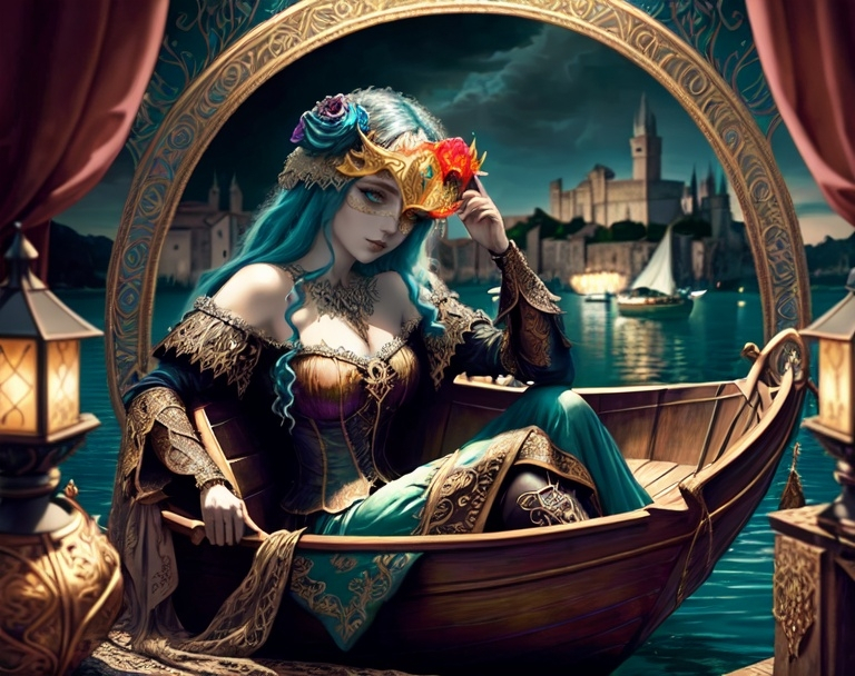 Prompt: Masquerade queen sitting in boat in medieval italy fantasy, whimsical, gothic.mythical UHD, 4k,intricately detailed, deep colors, high contrast (UHD, 4k,intricately detailed, deep colors, high contrast)