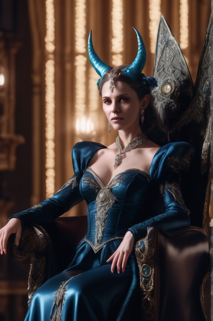 Prompt: evil fairy queen with horns, wings, in long dress holding a staff with diamond sphere on it. sitting on a throne, UHD, 4k,intricately detailed, deep colors, high contrast