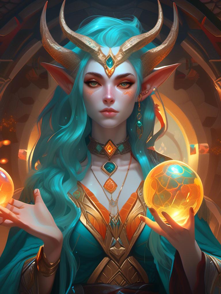 Prompt: <mymodel>elf woman, pale skin, white eyes, large horns, teal and orange hair, in cloak, with golden choker, mage, with orb of water in her hand (medieval) (dungeons and dragons style) , UHD, 4k,intricately detailed, deep colors, high contrast (UHD, 4k,intricately detailed, deep colors, high contrast)