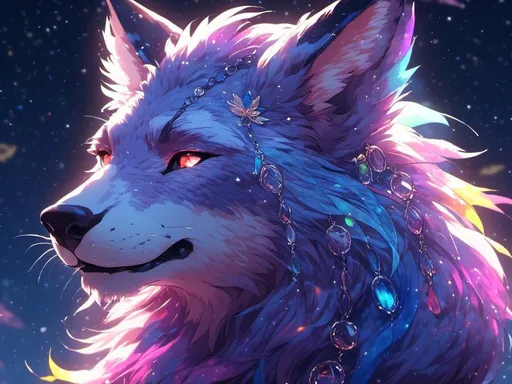 Prompt: <mymodel> anthro furry wolf male (rainbow fur) (purple eyes) (water element) starry and mystical being , UHD, 4k,intricately detailed, deep colors, high contrast (UHD, 4k,intricately detailed, deep colors, high contrast)