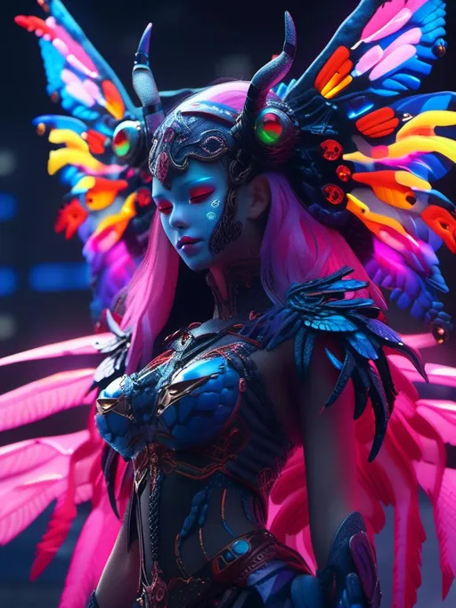 Prompt: <mymodel> neon colors oni mask woman dancing  long hair, in army uniform Chiroptera wings.UHD, 4k,intricately detailed, deep colors, high contrast (UHD, 4k,intricately detailed, deep colors, high contrast)