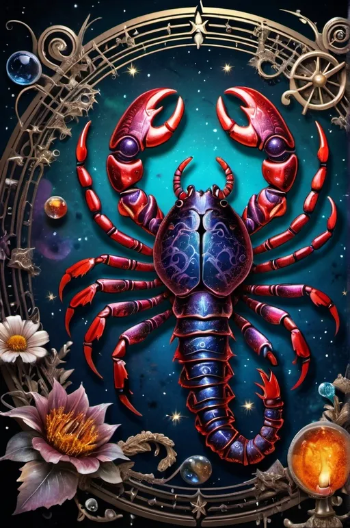 Prompt: Scorpio ,Zodiac art mystical and whimsical (UHD, 4k,intricately detailed, deep colors, high contrast)