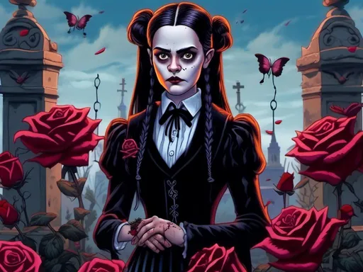 Prompt: <mymodel>Wednesday Addams standing in a grave yard with a rose  (Addams family art style) .UHD, 4k,intricately detailed, deep colors, high contrast (UHD, 4k,intricately detailed, deep colors, high contrast)