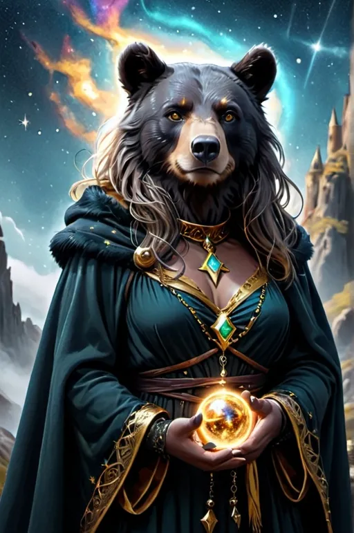 Prompt: wizard bear woman (black fur) (golden eyes) wearing a choker, cloak (earth element) starry and mystical being , UHD, 4k,intricately detailed, deep colors, high contrast