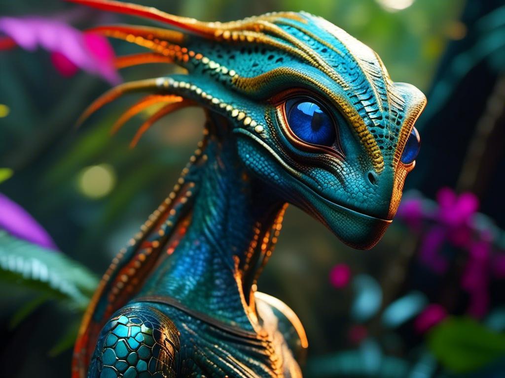 Prompt: <mymodel> lizard Humaniod alien, elegant, irridecent, colourful, in jungle palace  (UHD, 4k,intricately detailed, deep color, high contrast)