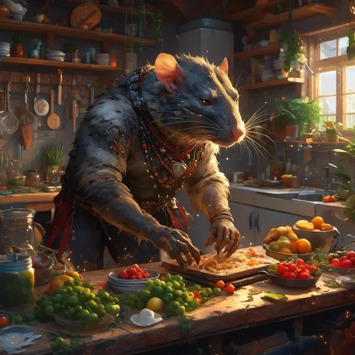 Prompt: <mymodel> giant rat in kitchen