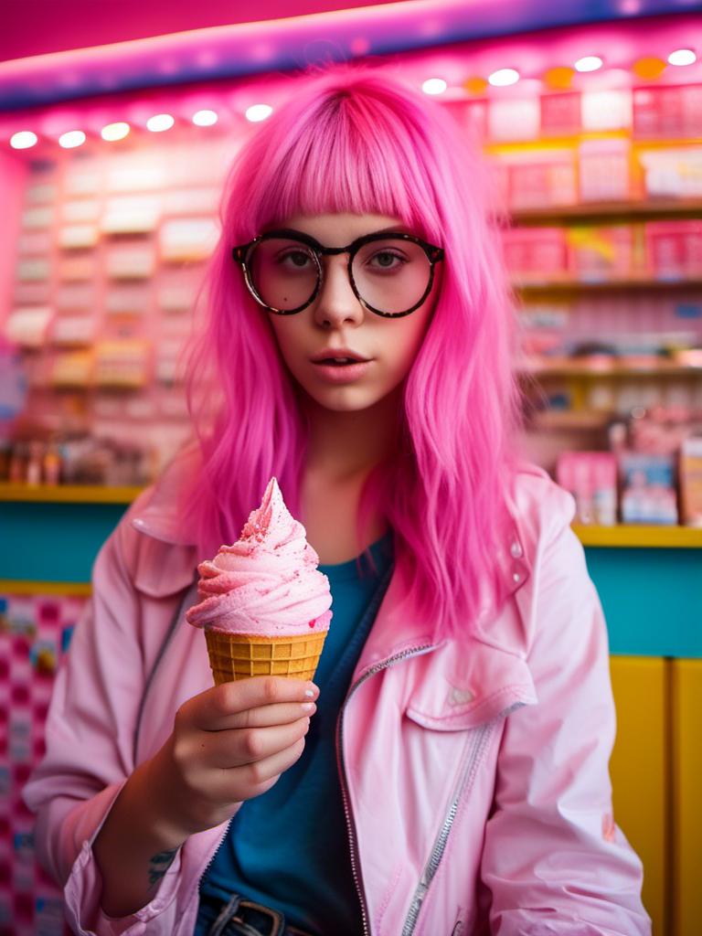 Prompt: <mymodel> icecream woman and pink hair in icecream store