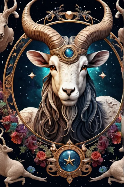 Prompt: Capricorn,Zodiac art mystical and whimsical (UHD, 4k,intricately detailed, deep colors, high contrast)