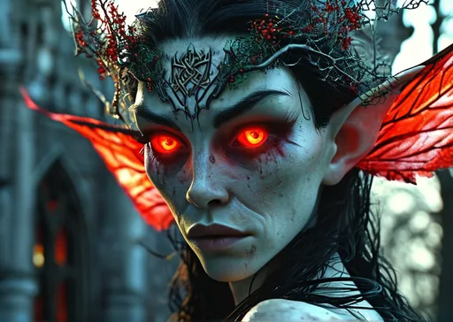 Prompt: evil fairy with red glowing eyes staring,. in castle. (winged) (celtic) (fantasy) UHD, 4k,intricately detailed, deep colors, high contrast