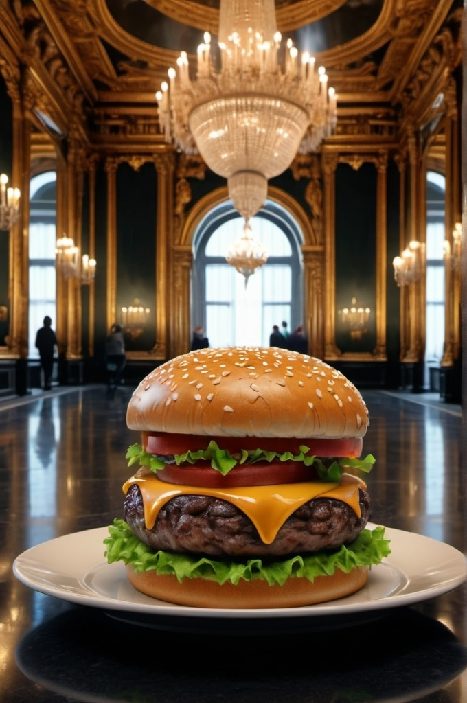 Prompt: <mymodel>hamburger in hall of mirrors , UHD, 4k,intricately detailed, deep colors, high contrast (UHD, 4k,intricately detailed, deep colors, high contrast)