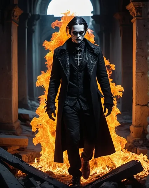 Prompt: <mymodel>gothic man, made of fire walking through city ruins haunting .UHD, 4k,intricately detailed, deep colors, high contrast (UHD, 4k,intricately detailed, deep colors, high contrast)