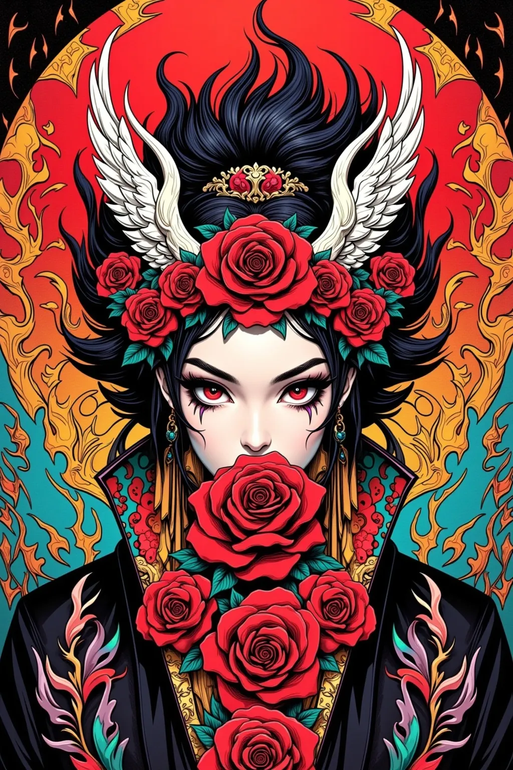 Prompt: a woman with horns and flowers on her head and wings over her face, with roses and roses around her neck, Android Jones, gothic art, trending on art station, poster art










