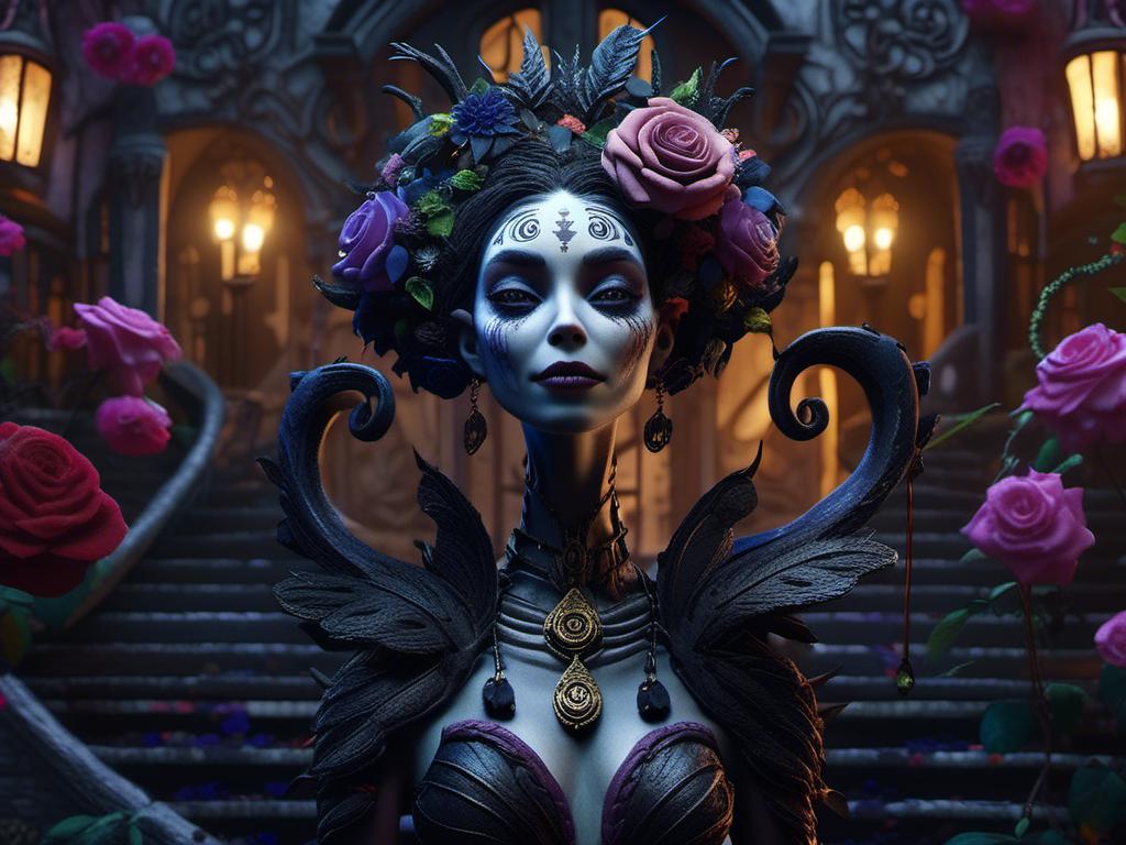 Prompt: <mymodel> queen with black roses standing in courtyard(nightmare before Christmas art style) .UHD, 4k,intricately detailed, deep colors, high contrast (UHD, 4k,intricately detailed, deep colors, high contrast)