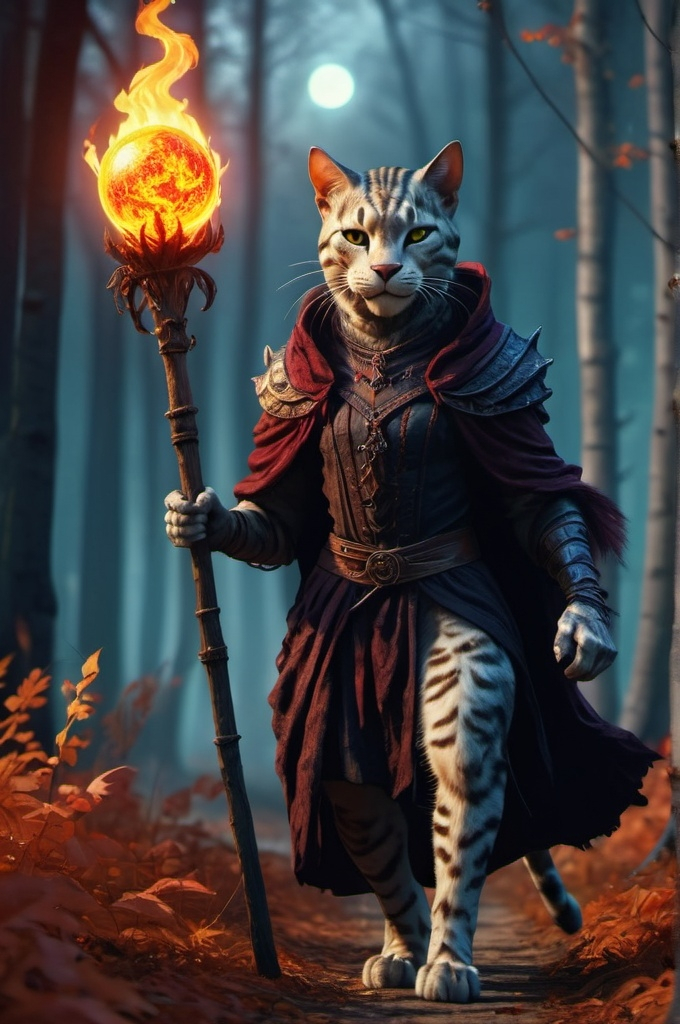 Prompt: khajiit with giant staff with flaming orb, on widing path in forest autumn  windy  and  night  fantasy, whimsical, gothic.mythical UHD, 4k,intricately detailed, deep colors, high contrast (UHD, 4k,intricately detailed, deep colors, high contrast)