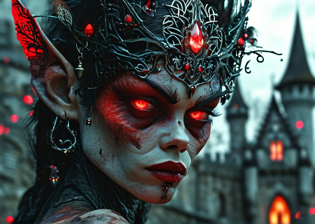 Prompt: evil fairy with red glowing eyes staring,. in castle. (winged) (celtic) (fantasy) UHD, 4k,intricately detailed, deep colors, high contrast