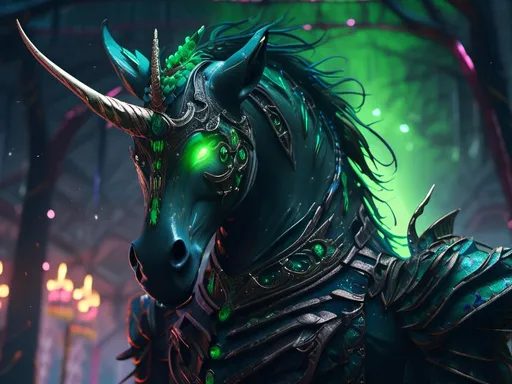 Prompt: <mymodel> death goth unicorn with green glowing eyes  ( Tim Burton movie art style) .UHD, 4k,intricately detailed, deep colors, high contrast (UHD, 4k,intricately detailed, deep colors, high contrast)