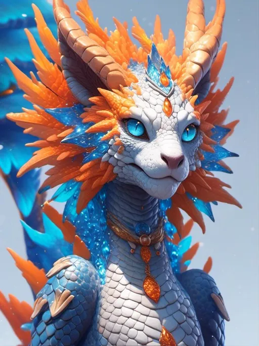 Prompt: <mymodel> anthro dragon lizard female (orange and blue) (scales) (blue eyes) (humaniod) majestic being , UHD, 4k,intricately detailed, deep colors, high contrast (UHD, 4k,intricately detailed, deep colors, high contrast)