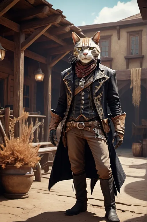 Prompt: khajiit cowboy in wild west standing in courtyard fantasy, whimsical, gothic.mythical UHD, 4k,intricately detailed, deep colors, high contrast (UHD, 4k,intricately detailed, deep colors, high contrast)