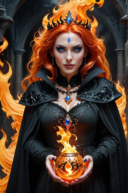 Prompt: magical evil queen (orange and black hair ) (blue eyes) wearing a choker, cloak (fire element) mystical being , UHD, 4k,intricately detailed, deep colors, high contrast