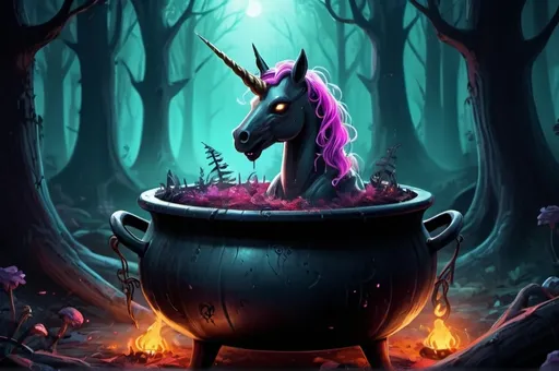 Prompt: cartoon, illustration, death unicorn happy, in cauldron spooky forest fantasy, whimsical, gothic.mythical  UHD, 4k,intricately detailed, deep colors, high contrast (UHD, 4k,intricately detailed, deep colors, high contrast)