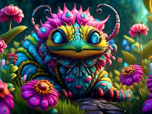 Prompt: <mymodel> caterpillar in flower garden (Alice in Wonderland art style) .UHD, 4k,intricately detailed, deep colors, high contrast (UHD, 4k,intricately detailed, deep colors, high contrast)