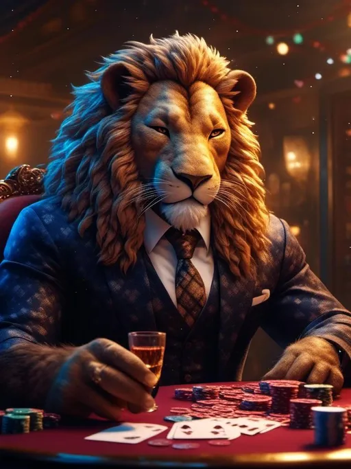 Prompt: <mymodel> (anthro) (furry) lion playing poker sophisticated elegant detailed, realistic, 4k, high saturation of color,  high contrast