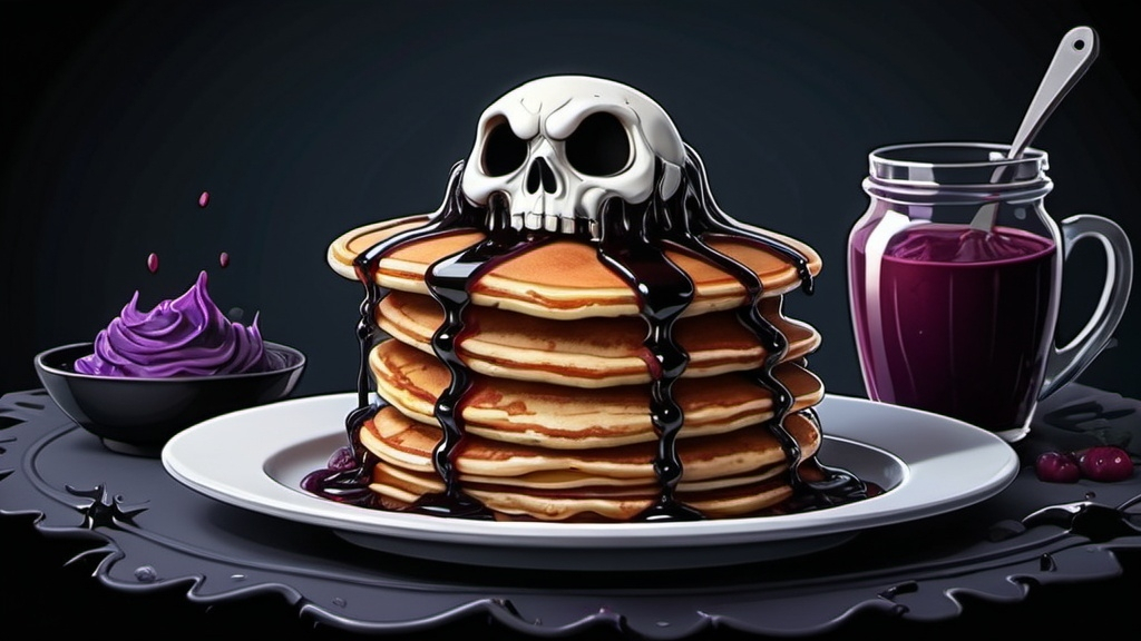 Prompt: spooky goth pancakes cartoon, illustration (UHD, 4k,intricately detailed, deep colors, high contrast)