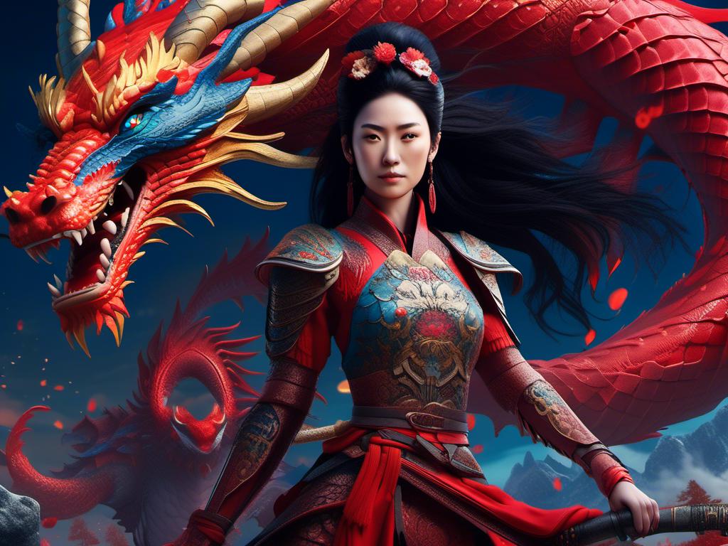 Prompt: <mymodel> Mulan and red dragon on battlefield  (Tim Burton art style) .UHD, 4k,intricately detailed, deep colors, high contrast (UHD, 4k,intricately detailed, deep colors, high contrast)