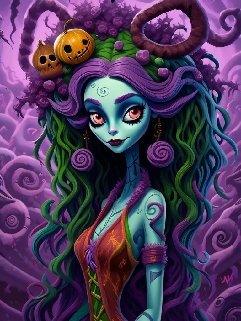 Prompt: <mymodel>medusa (nightmare before Christmas art style) .UHD, 4k,intricately detailed, deep colors, high contrast (UHD, 4k,intricately detailed, deep colors, high contrast)