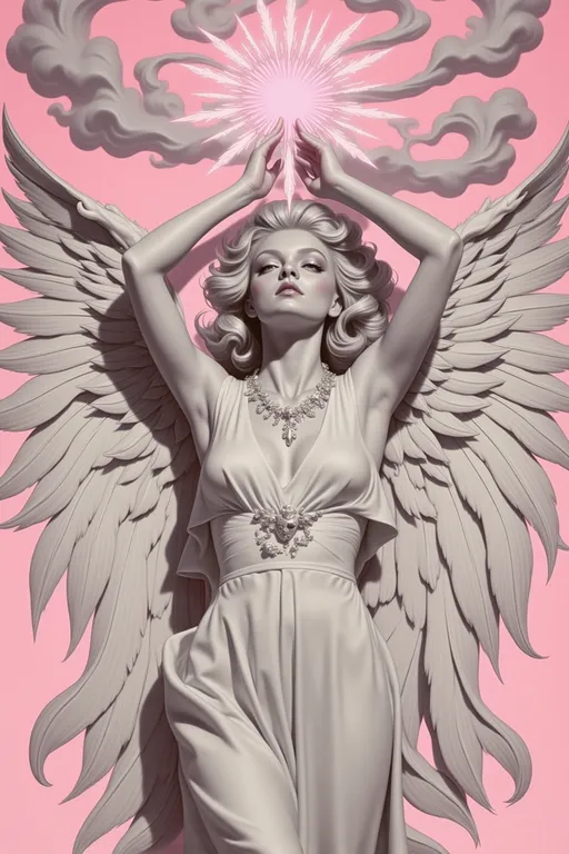 Prompt:  woman with angel wings, halo, reaching up towards an orb of light, bold, pop art, pastel colors