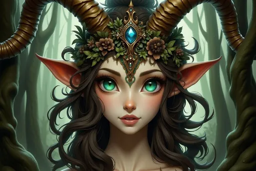 Prompt: a woman with horns and green eyes in a forest with flowers and plants on her head and a green eye, Anne Stokes, fantasy art, dark fantasy art, a fine art painting




