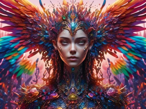 Prompt: <mymodel> cyborg,woman, rainbow metallic colors, wing span, filigree wings, crown  UHD, 4k,intricately detailed, deep colors, high contrast (UHD, 4k,intricately detailed, deep colors, high contrast)