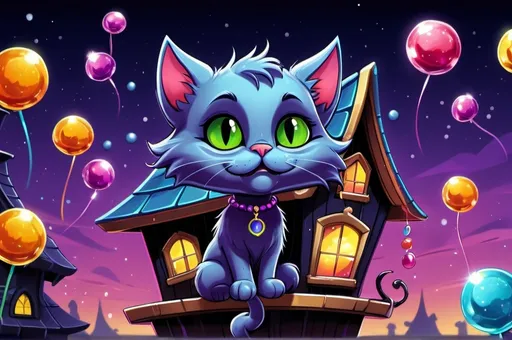 Prompt: cartoon, illustration,  cat with  sparkling candy  happy, floating, sparkly, spooky house (neopets art style) fantasy, whimsical, gothic.mythical  UHD, 4k,intricately detailed, deep colors, high contrast (UHD, 4k,intricately detailed, deep colors, high contrast)