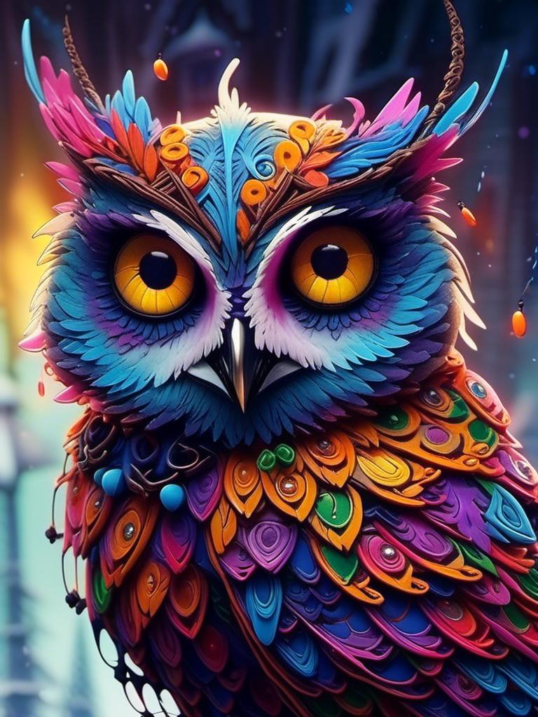 Prompt: <mymodel> owl (nightmare before Christmas art style) .UHD, 4k,intricately detailed, deep colors, high contrast (UHD, 4k,intricately detailed, deep colors, high contrast)