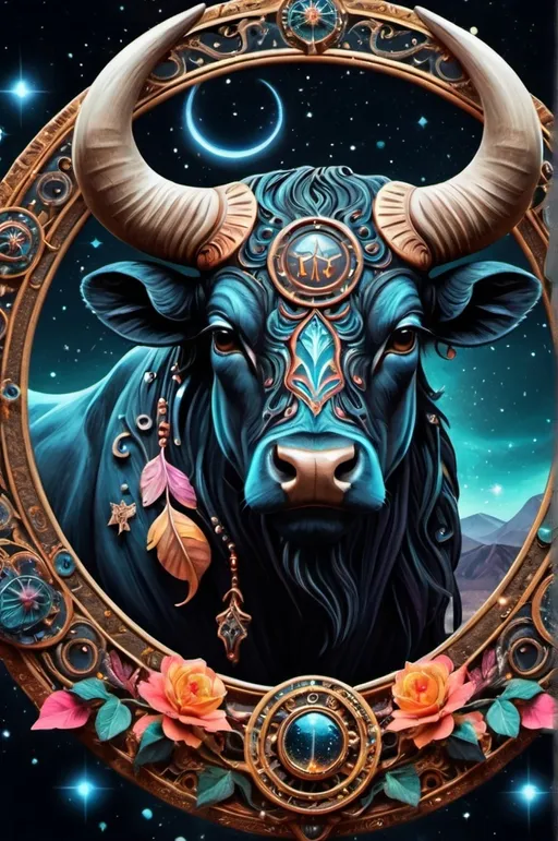 Prompt: Taurus,Zodiac art mystical and whimsical (UHD, 4k,intricately detailed, deep colors, high contrast)