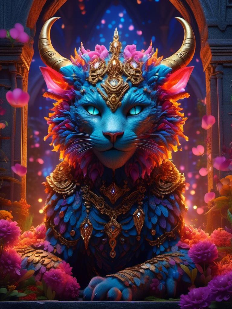 Prompt: <mymodel>,((cat-minotaur hybrid), creative and unique design, detailed textures, (enigmatic expression), anthropomorphic features, dynamic pose, vivid colors with a mystical aura, background of ancient ruins, atmospheric lighting, enchanting, high depth, 4K ultra-detailed, captivating blend of feline grace and mythical strength. detailed, realistic, 4k, high saturation of color, high contrast