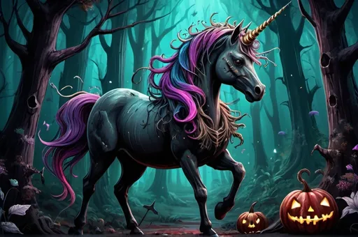 Prompt: cartoon, illustration, death unicorn happy,  spooky forest fantasy, whimsical, gothic.mythical  UHD, 4k,intricately detailed, deep colors, high contrast (UHD, 4k,intricately detailed, deep colors, high contrast)