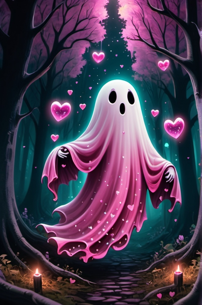 Prompt: cartoon, illustration, ghost with pink sparkling hearts, happy, floating, sparkly, spooky forest fantasy, whimsical, gothic.mythical  UHD, 4k,intricately detailed, deep colors, high contrast (UHD, 4k,intricately detailed, deep colors, high contrast)