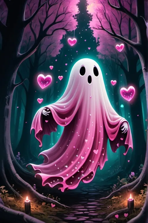 Prompt: cartoon, illustration, ghost with pink sparkling hearts, happy, floating, sparkly, spooky forest fantasy, whimsical, gothic.mythical  UHD, 4k,intricately detailed, deep colors, high contrast (UHD, 4k,intricately detailed, deep colors, high contrast)