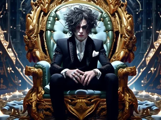 Prompt: <mymodel>  groom  in dark room sorrowful holding a diamond ring sitting in giant chair  (Tim Burton art style) .UHD, 4k,intricately detailed, deep colors, high contrast (UHD, 4k,intricately detailed, deep colors, high contrast)