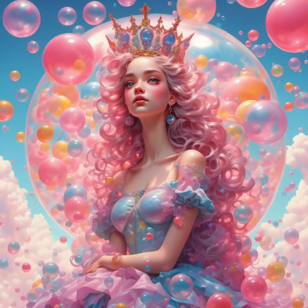 Prompt: <mymodel> bubblegum queen in ball gown, large crown, blowing bubble with bubblegum. Rainbow