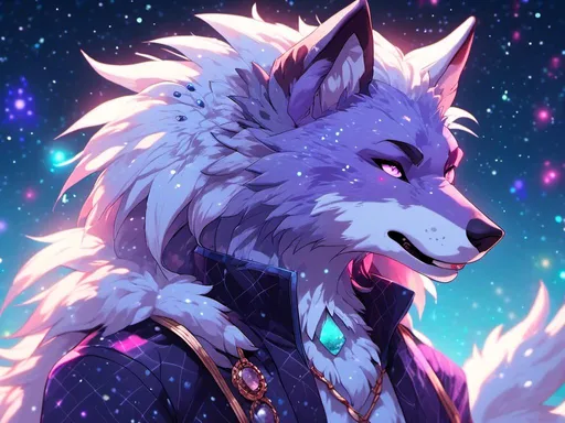 Prompt: <mymodel> anthro furry wolf male (rainbow fur) (purple eyes) (water element) starry and mystical being , UHD, 4k,intricately detailed, deep colors, high contrast (UHD, 4k,intricately detailed, deep colors, high contrast)